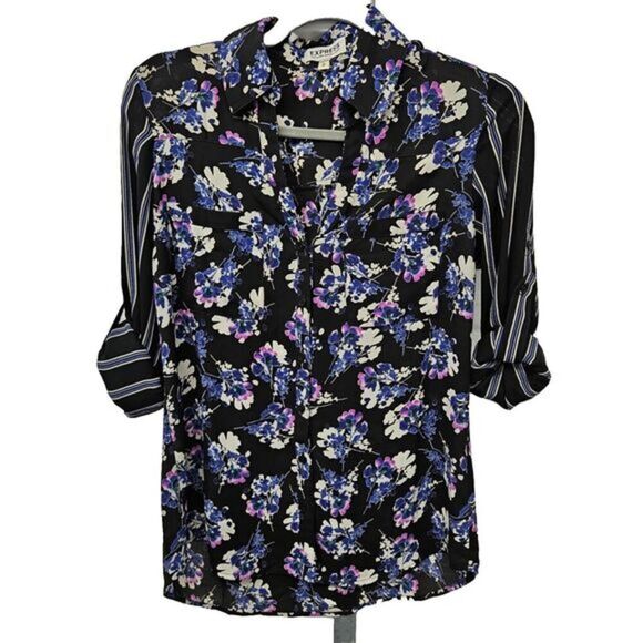 Express Portofino Floral Striped Shirt Blouse Top S Roll Tab *FLAW - Picture 1 of 7